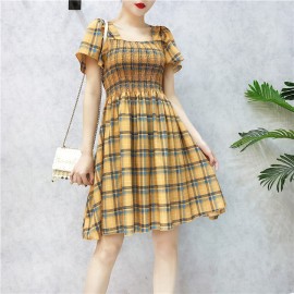 image of Summer retro girls fold lattice first love dresses 复古褶皱A字格子初恋裙
