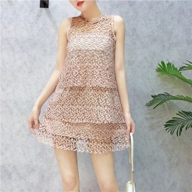image of Korean lace flower hollow sleeveless layer skirt 蕾丝钩花无袖显瘦层层连身裙