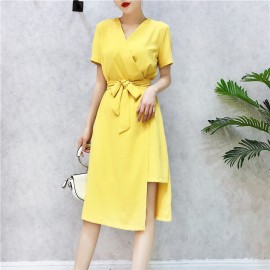 image of Korean short-sleeved irregular slit sukol chiffon dresses 不规则开叉雪纺连衣裙