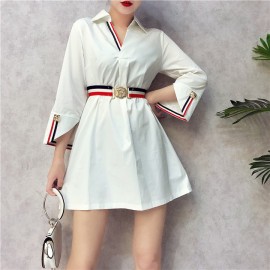 image of Korean woman's V-neck slit sleeve color belt Dresses V领开叉七分袖彩条腰带修身连身裙