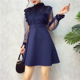 image of Collar perspective flower lace hollow stitching mesh dresses 钩花蕾丝镂空网纱收腰连身裙