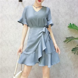 image of Korean V-neck trumpet sleeve irregular ruffled chiffon dress V领喇叭袖不规则荷叶边雪纺连衣裙