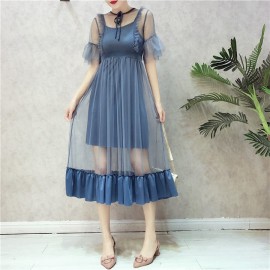 image of Korean High waist wooden ear bottom strap dress two-piece 高腰木耳边打底吊带长裙两件套
