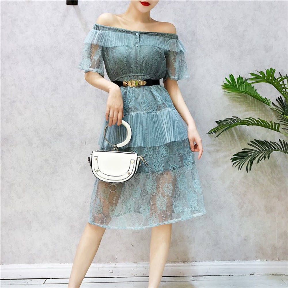 Taiwan lace short-sleeved high waist with belt dress 一字领蕾丝短袖腰带连身裙 Taiwan lace short-sleeved high waist with belt dress 一字领蕾丝短袖腰带连身裙