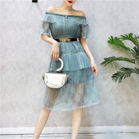 image of Taiwan lace short-sleeved high waist with belt dress 一字领蕾丝短袖腰带连身裙