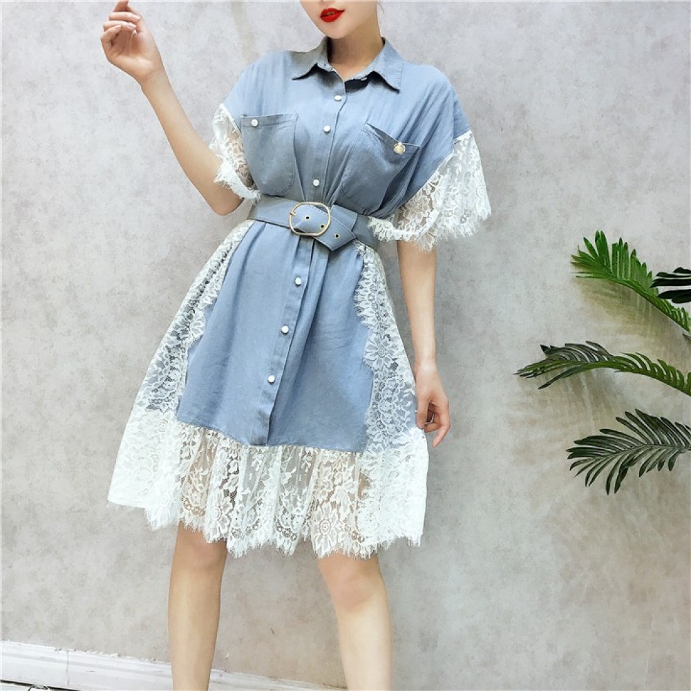 Korean denim fight lace short-sleeved dress 牛仔拼蕾丝韩版短袖连身裙 Korean denim fight lace short-sleeved dress 牛仔拼蕾丝韩版短袖连身裙
