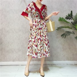 image of Summer V-neck lotus leaf short-sleeved sukol retro flower chiffon dresses