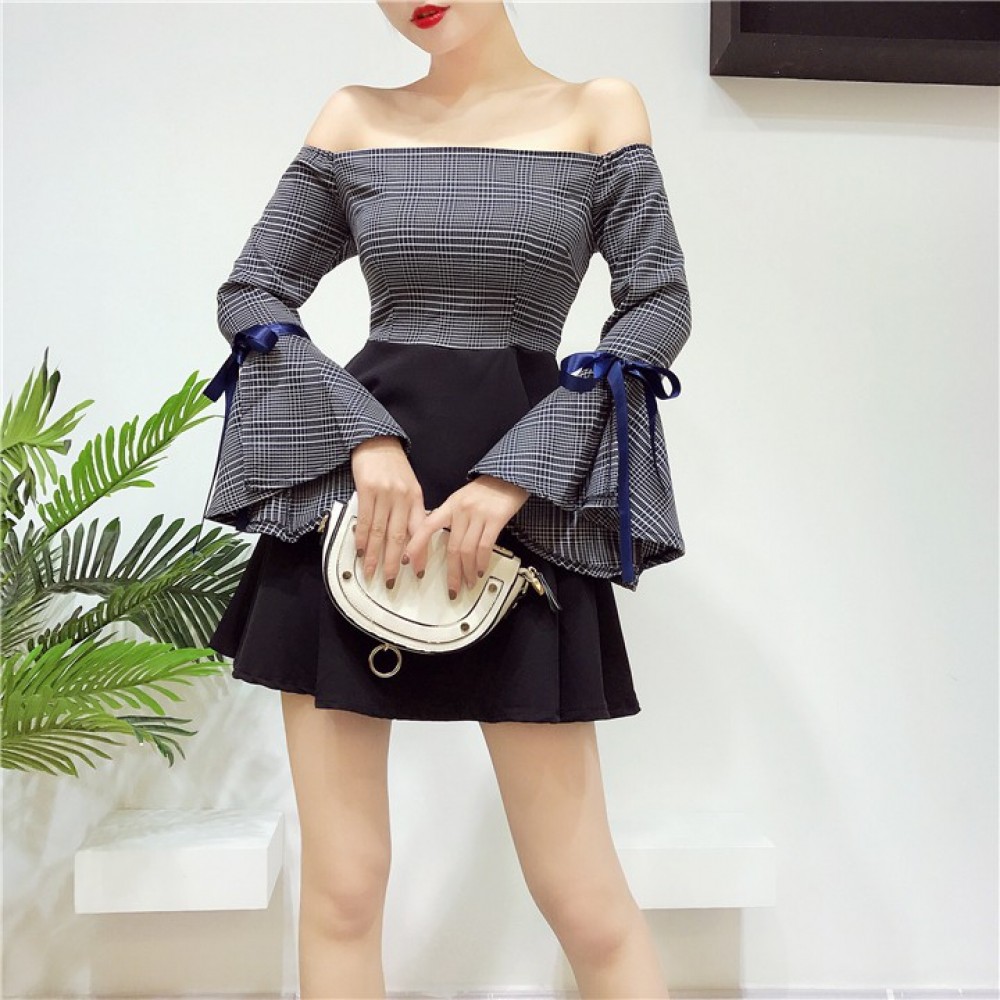 Off shoulder Plaid collar ribbon Dress 格子一字领喇叭袖袖连身裙 Off shoulder Plaid collar ribbon Dress 格子一字领喇叭袖袖连身裙