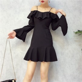 image of Korean Ruffled trumpet sleeves houndstooth Dress 一字领吊带荷叶边喇叭袖连身裙