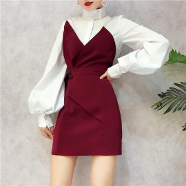 image of High-necked Lantern Sleeve V-neck Waist Bra Top Dress 灯笼袖抹胸连身裙套装