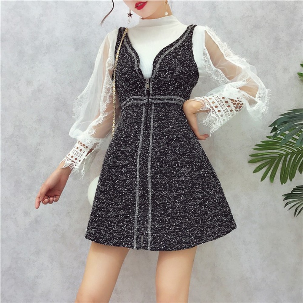 Bottoming Lace Bright Silk Woolen Strap Dress 蕾丝衫亮丝吊带连身裙 Bottoming Lace Bright Silk Woolen Strap Dress 蕾丝衫亮丝吊带连身裙