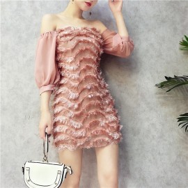 image of Chiffon sleeves spell wave feather strapless collar dress 雪纺波浪羽毛一字领连身裙