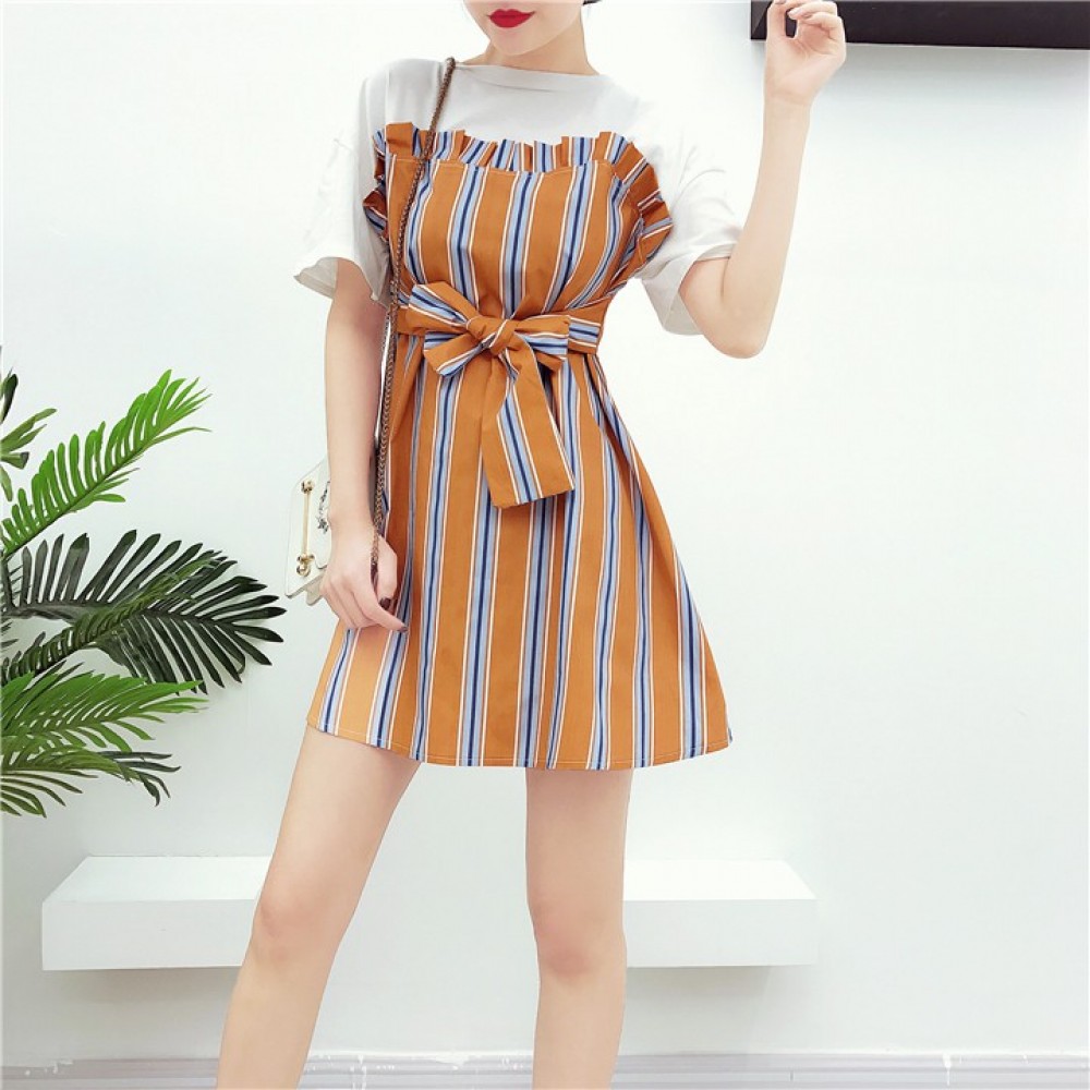 Summer color stripe free belt short skirt 彩色条纹小清新腰带连身裙衣长 Summer color stripe free belt short skirt 彩色条纹小清新腰带连身裙衣长