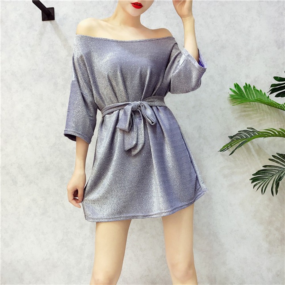 Korean collar wild bright silk long loose t-shirt dresses 一字领亮丝冰丝中长款宽松t恤连衣裙 Korean collar wild bright silk long loose t-shirt dresses 一字领亮丝冰丝中长款宽松t恤连衣裙