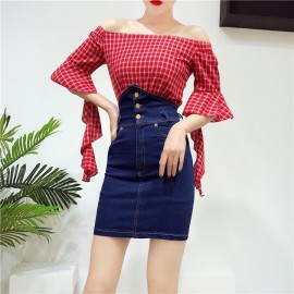 image of Korean two-piece plaid high waist denim skirt 韩范一字领格子高腰牛仔半身裙两件套