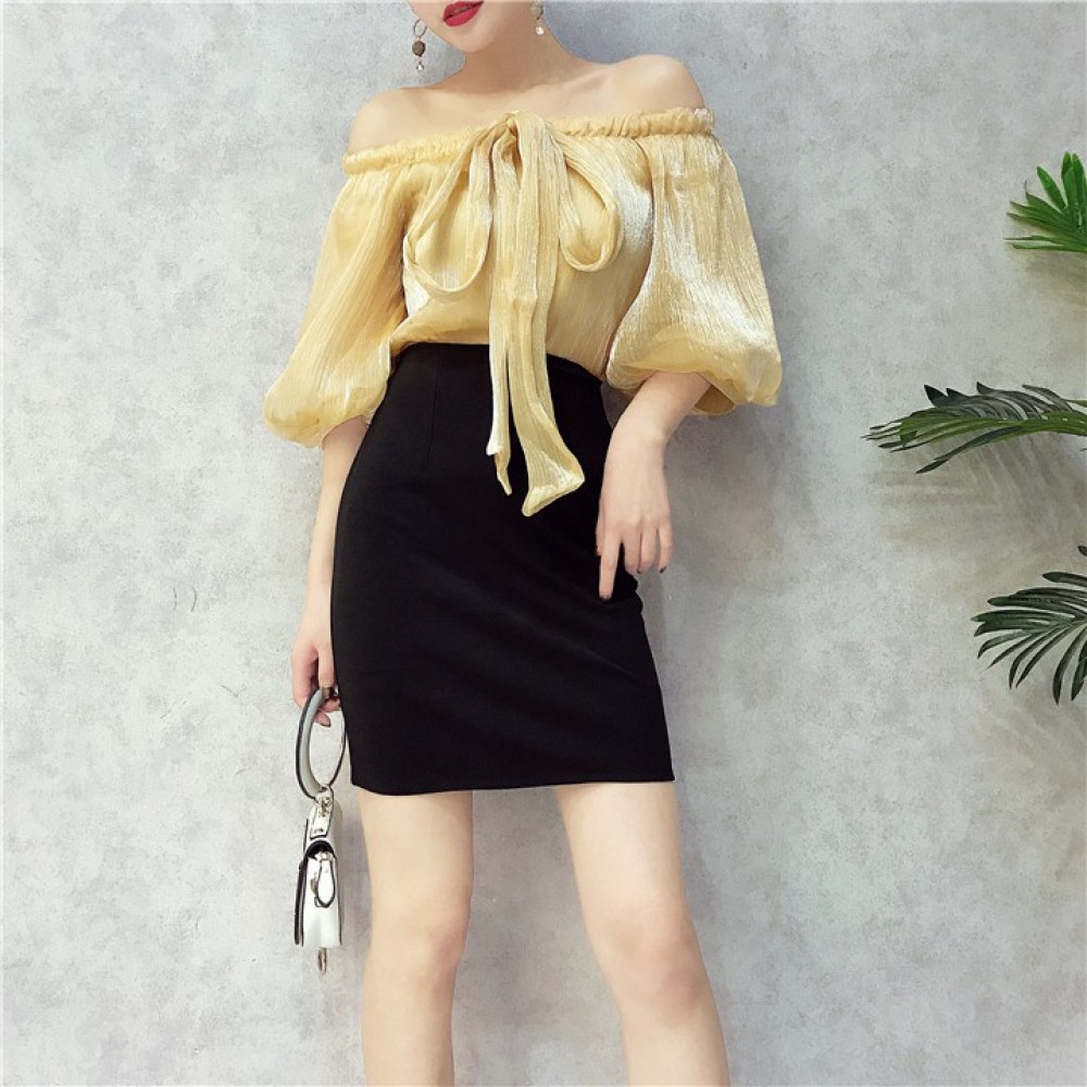 Women's Silk Strap Lantern Sleeve 3in1 Two-piece Fashion Set 亮丝绑带一字领灯笼袖包臀裙两件套装 Women's Silk Strap Lantern Sleeve 3in1 Two-piece Fashion Set 亮丝绑带一字领灯笼袖包臀裙两件套装