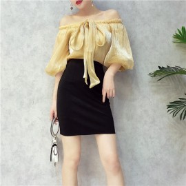 image of Women's Silk Strap Lantern Sleeve 3in1 Two-piece Fashion Set 亮丝绑带一字领灯笼袖包臀裙两件套装