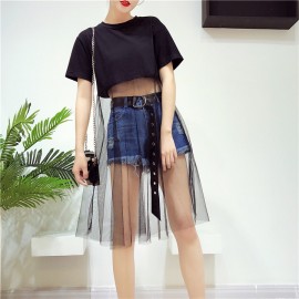image of Korean fashion suit short-sleeved T-shirt perspective mesh denim skirt