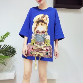 image of Korean round neck loose bead glasses girl personality Dresses-T bottoming