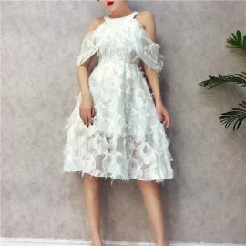 image of HongKong Strapless slim mesh stitching feather temperament dress 露肩网纱羽毛连身裙