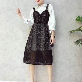 image of Korean 2in1 Cropped sleeve strap flower hollow lace dress 七分袖衬衫蕾丝连身裙