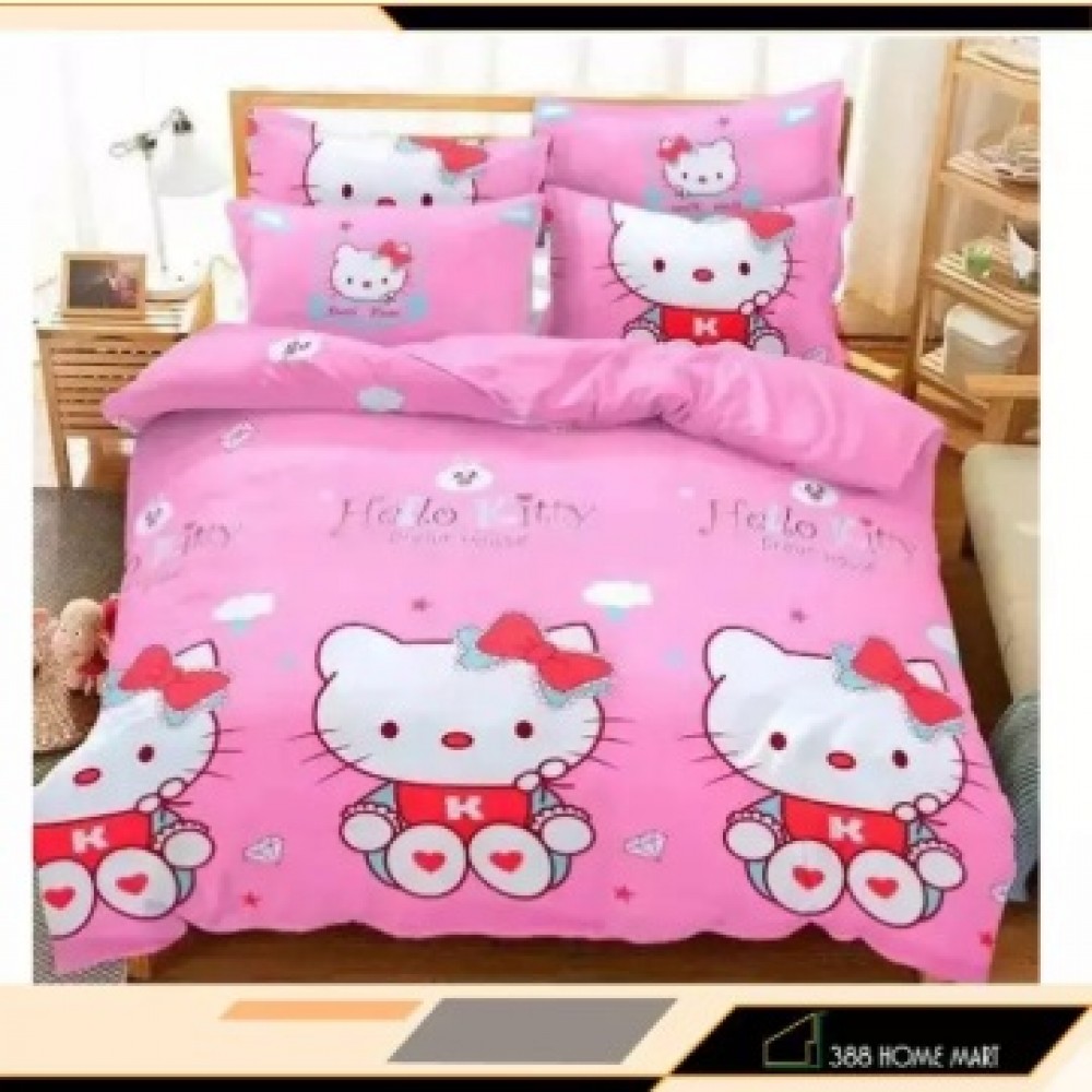 【King Size】5 in 1 Bed Sheet set Hello Kitty Love Cute Cartoon Design Fitted Bed Sheets ( Quil Cover: 80 x 90 ) 【King Size】5 in 1 Bed Sheet set Hello Kitty Love Cute Cartoon Design Fitted Bed Sheets ( Quil Cover: 80 x 90 )