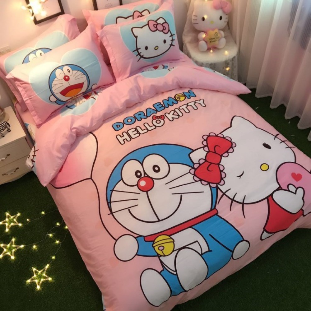 Queen Size 5 In 1 Bed Sheet Set Doraemon And Hello Kitty
