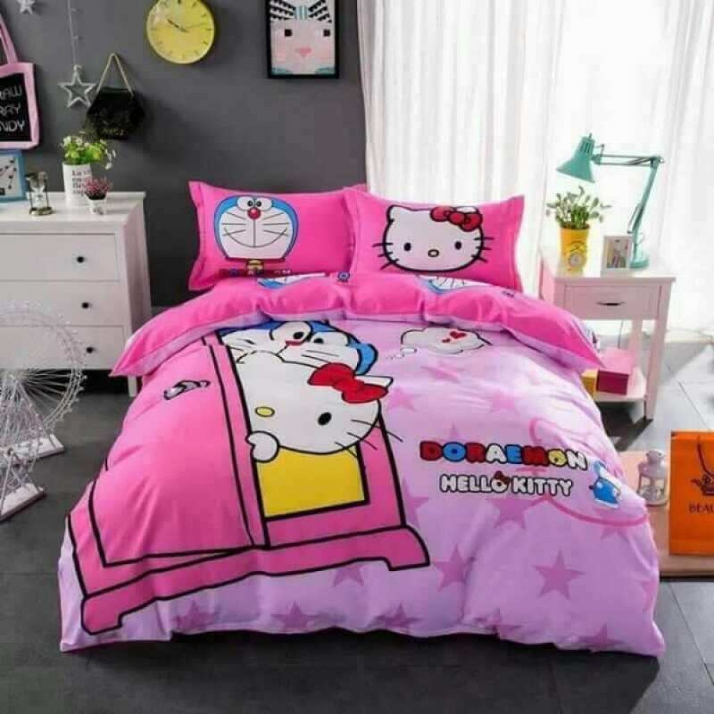 Queen Size 5 In 1 Bed Sheet Set Doraemon Love Hello Kitty Cute