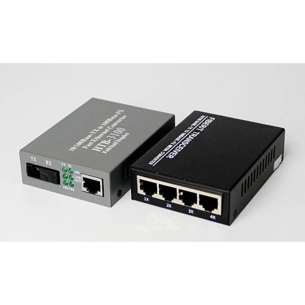 Single Mode Fiber Media Converter + 4 Port 10 /100 Fiber Switch (S100) Single Mode Fiber Media Converter + 4 Port 10 /100 Fiber Switch (S100)
