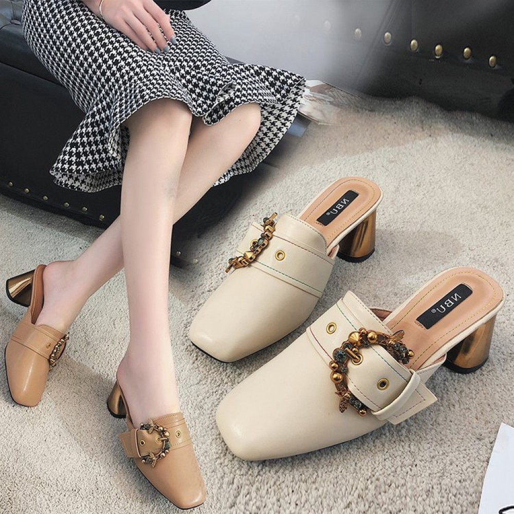 High-heeled toe cap square head half belt buckle one-slip slippers