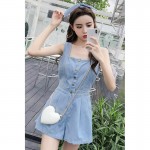 Retro back openwork split single-breasted high-waist wide-leg denim jumpsuit