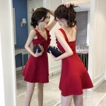 V-neck sexy sleeveless waist ruffled slim backless dress