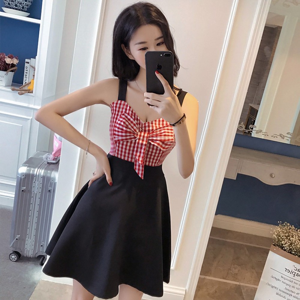 Sexy Low-Cut Sling Plaid Tube Top Leaning Bow Dress Sexy Low-Cut Sling Plaid Tube Top Leaning Bow Dress