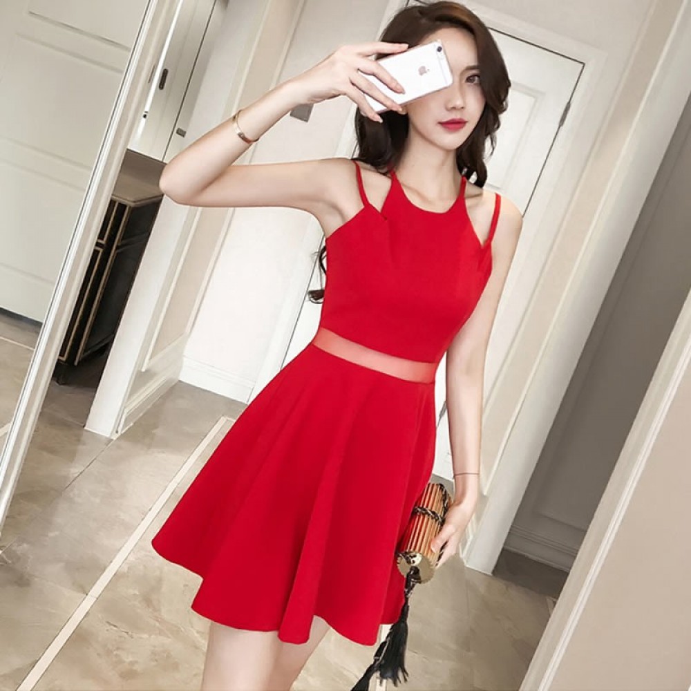 open lace back dress Ladylike Red Halter Vest Dress main image 1