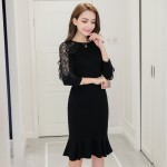 Mid-length bag hip skirt black slim knit fishtail lace dress