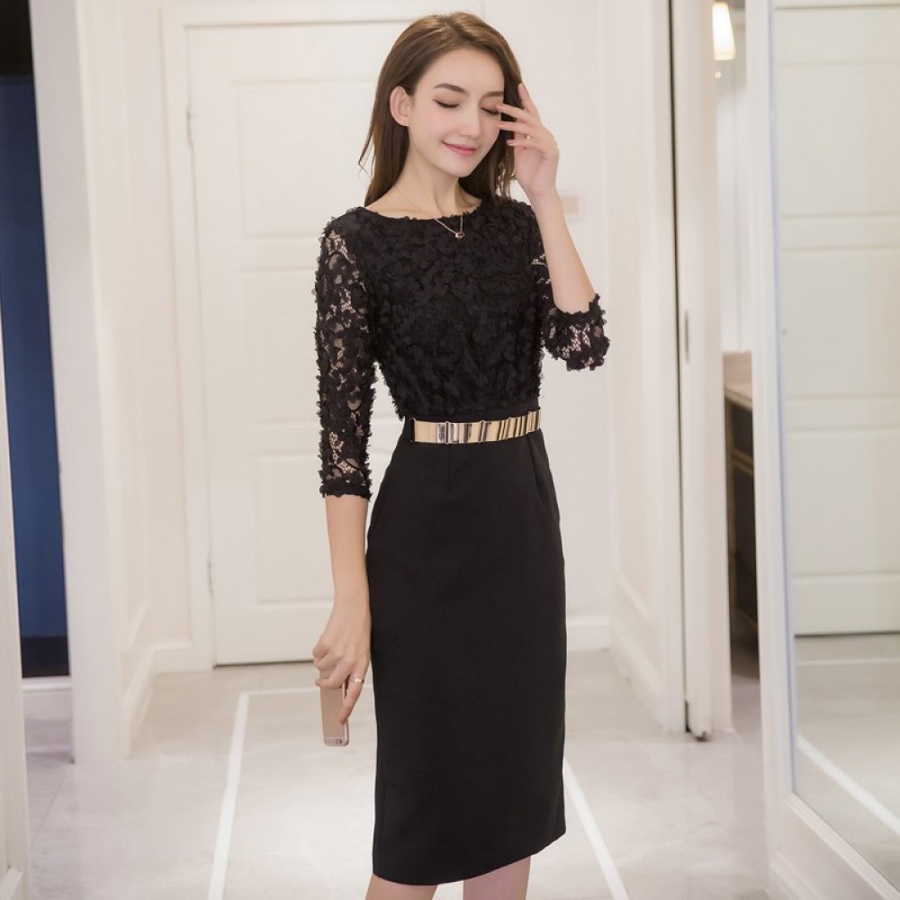 Stylish slim split hip hip long lace dress