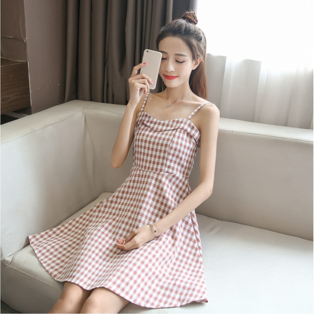 Waist slim strap plaid sleeveless dress