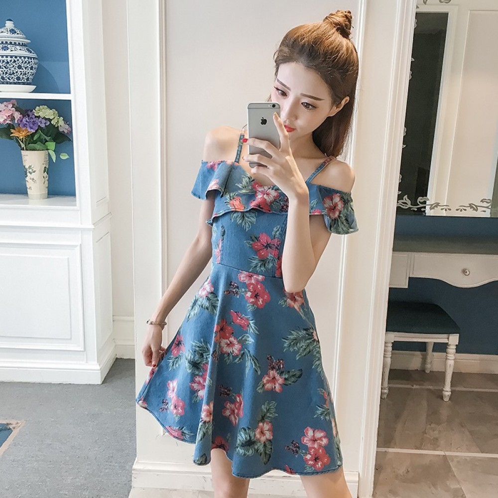 Floral waist ruffled sling off-shoulder denim dress