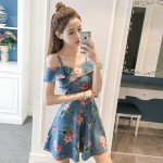 Floral waist ruffled sling off-shoulder denim dress