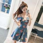 Floral waist ruffled sling off-shoulder denim dress