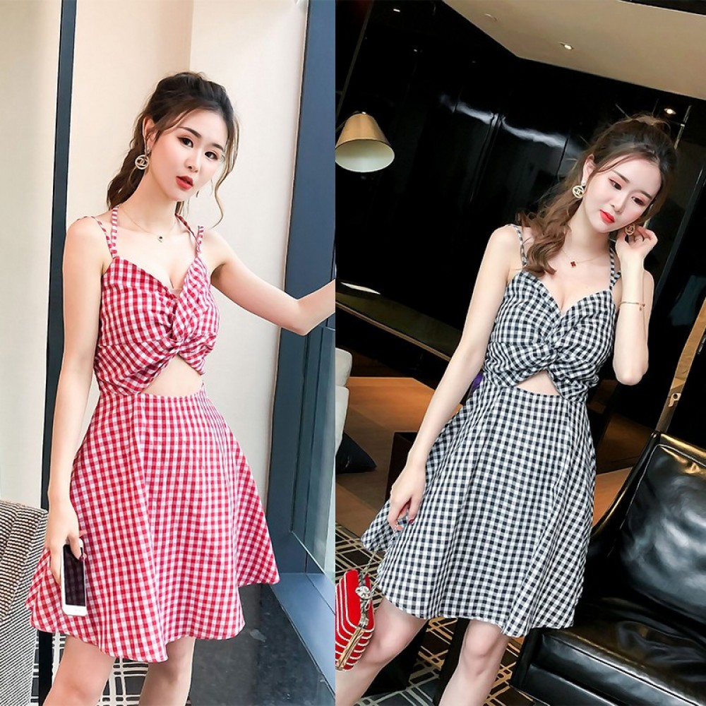 Sexy sling V-neck wrapped chest bow backless plaid slim dress