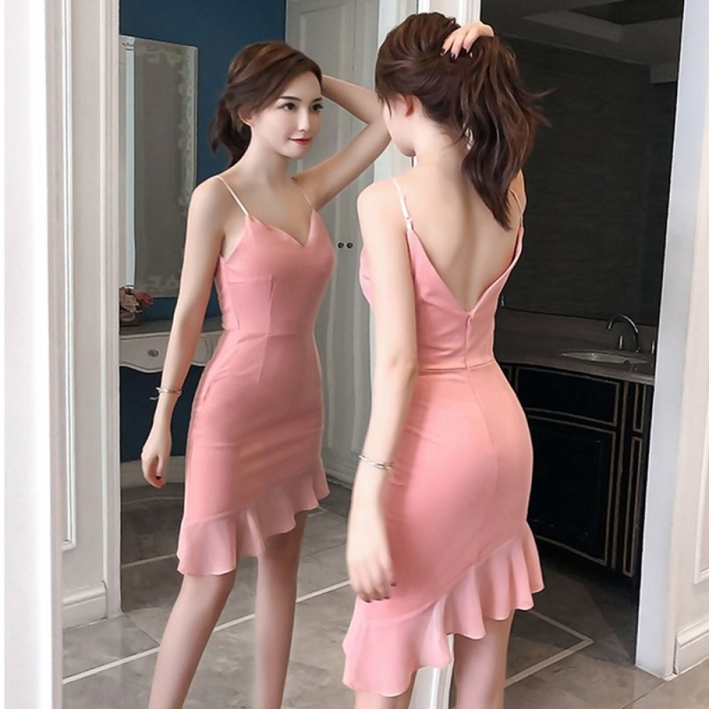 Sexy V neck low cut tight fitting hip strap dress