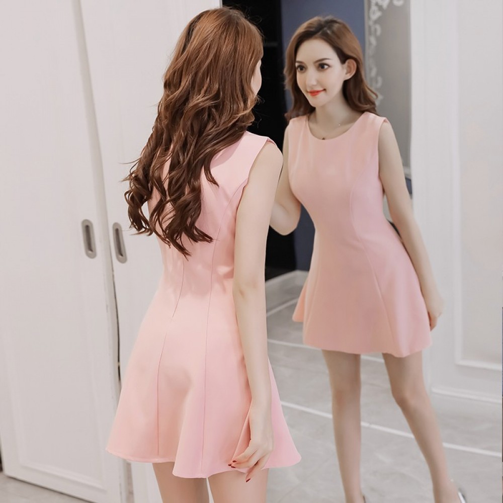 Short A-line slim solid color sleeveless vest chiffon dress