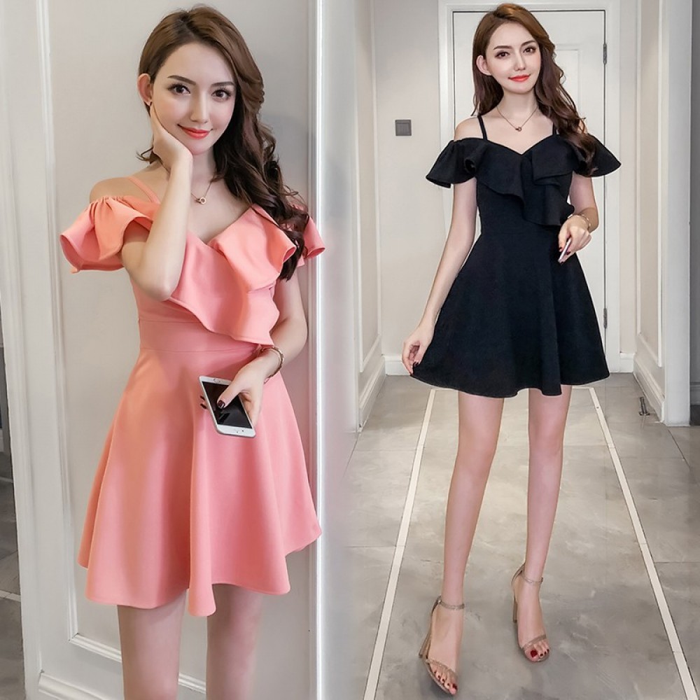 Off-shoulder V-neck sling A-line dress