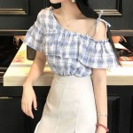 Plaid ruffled sling short-sleeved top