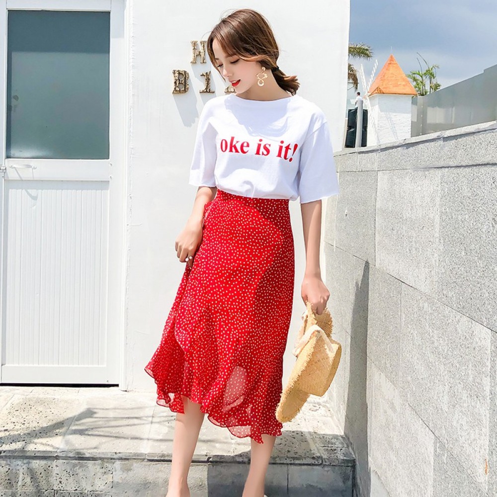 Polka dot fishtail irregular high waist ruffle A word skirt Polka dot fishtail irregular high waist ruffle A word skirt