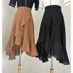 Irregular high-waist ruffled split fishtail chiffon long A-line skirt