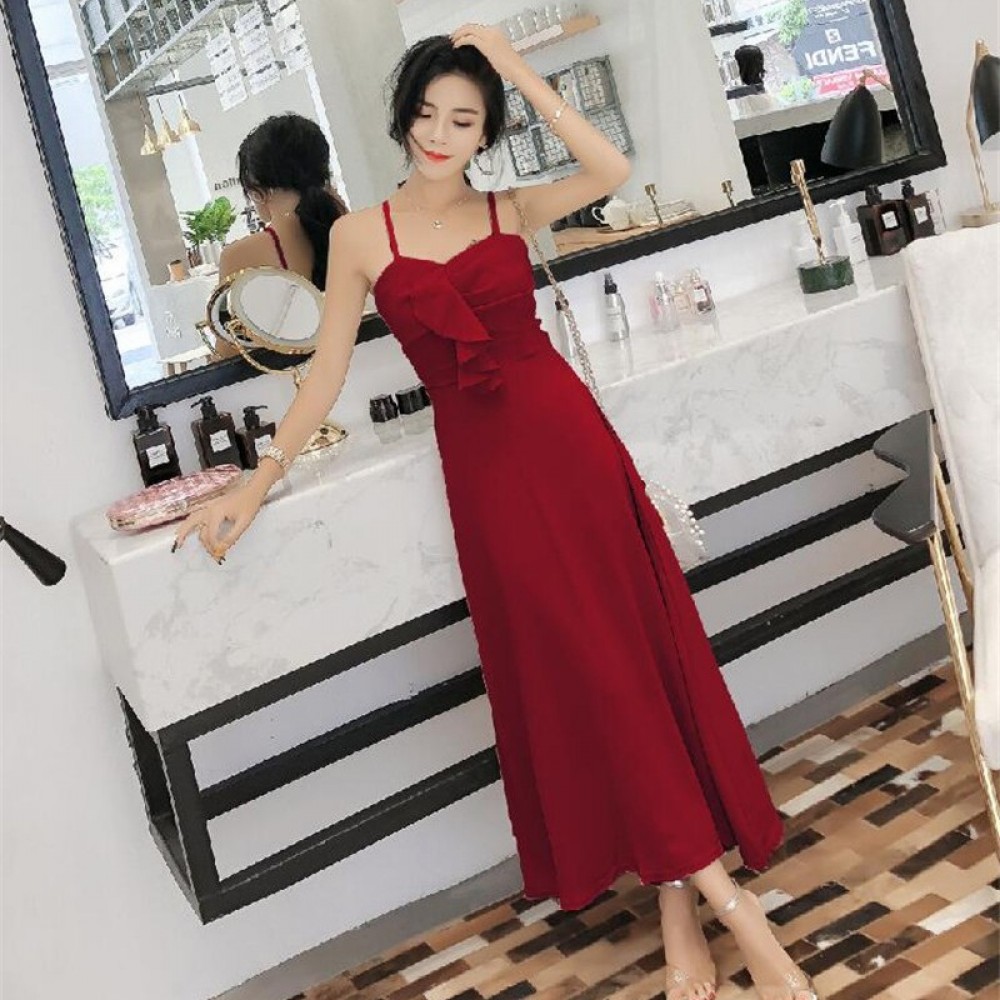 Ruffled sling high waist long A-line dress long skirt