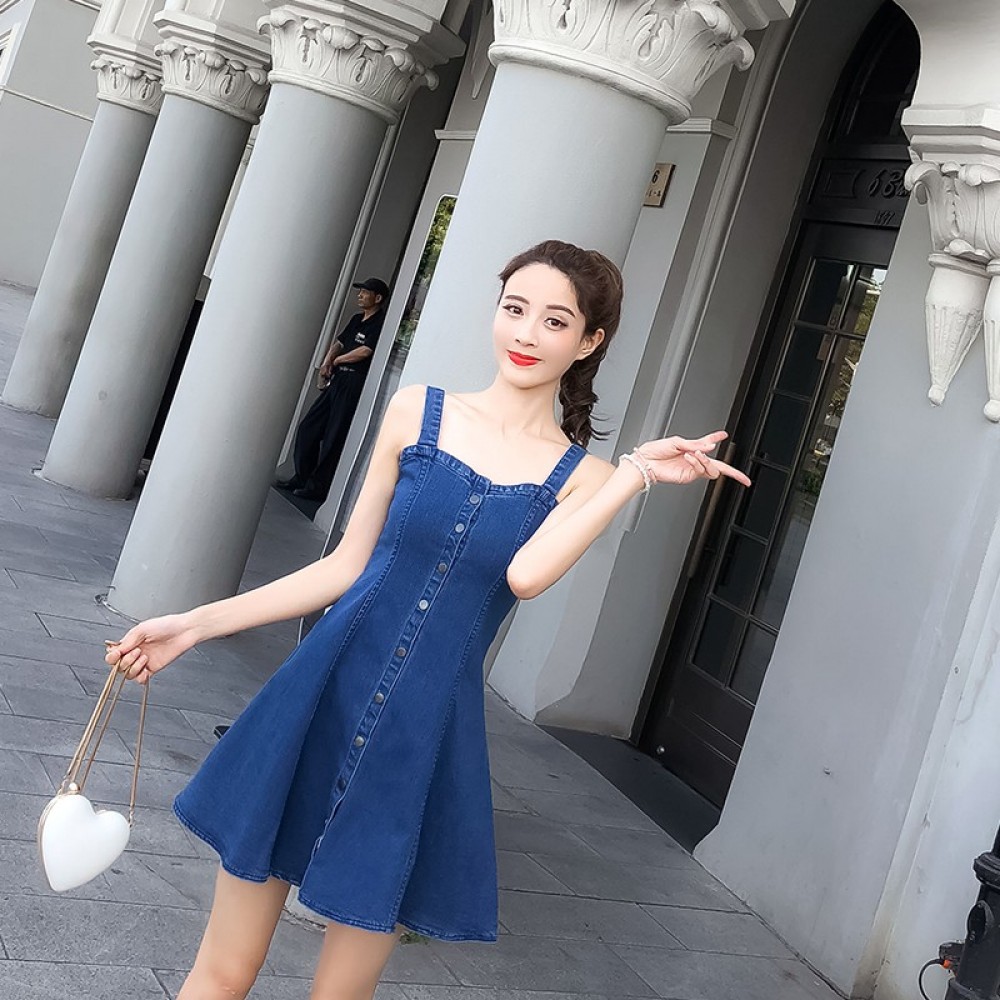Hong Kongstyle slim slimming sleeveless strap denim dress