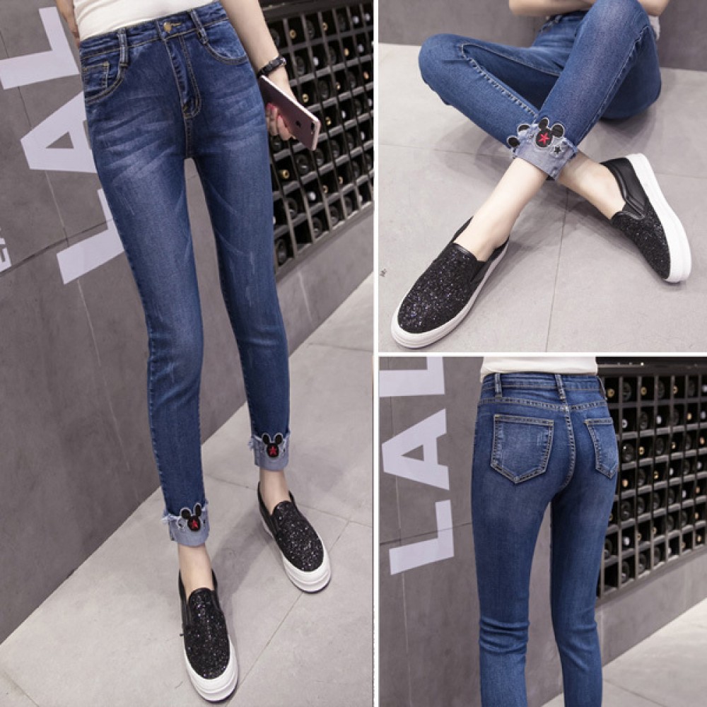 【PRE-ORDER】 Large Size Elastic Jeans Mickey Head Paste Cloth Feet Pants 【PRE-ORDER】 Large Size Elastic Jeans Mickey Head Paste Cloth Feet Pants